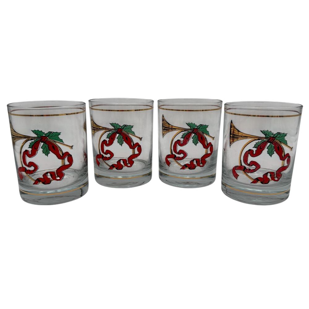 Set/6 Vintage DOF French Horns Low Ball Double Old Fashioned Christmas Glasses